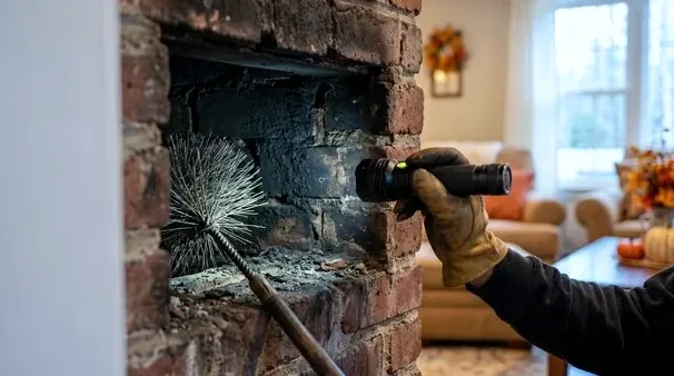 Technician inspecting a fireplace for odors with a flashlight in Gahanna