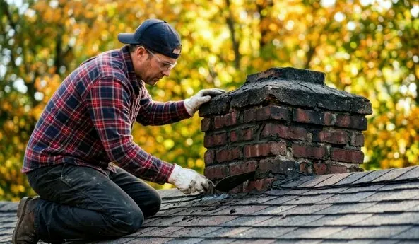 Mason repairing the brick top of a chimney on a New Albany, Ohio home