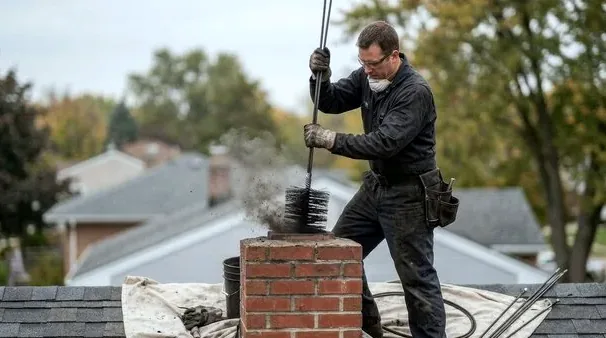 Technician sweeping a multi-flue chimney on an Ohio roof