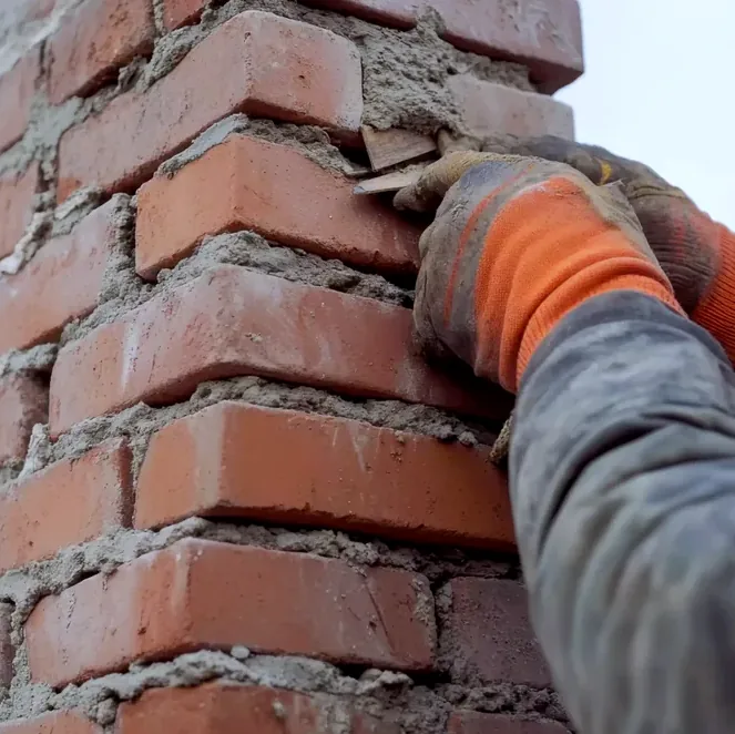 Mortar being pressed into red brick chimney joints in Ohio